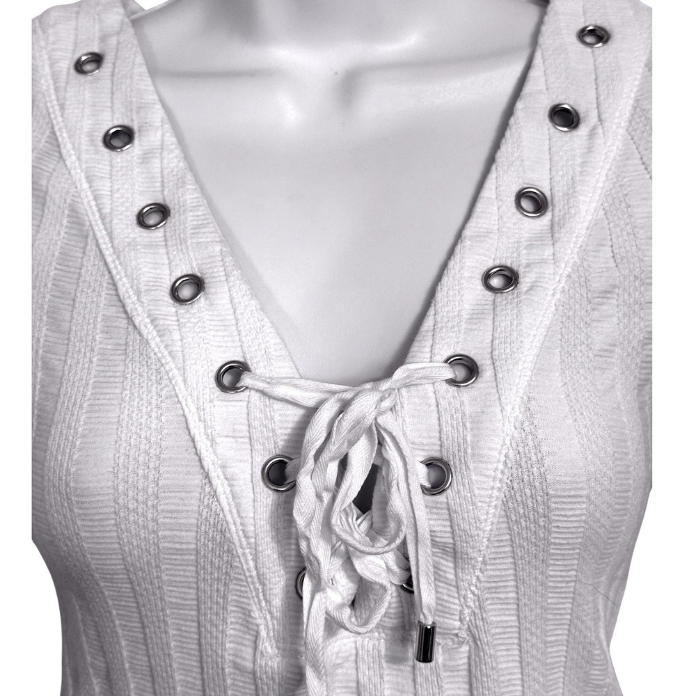 FREE PEOPLE Ivory Ribbed Lace Up Grommet V-Neck 3/4 Sleeve Top Size XS - Picture 3 of 7